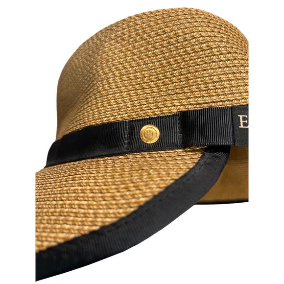 Eric Javits Visor Adjustable Straw Hat UPF 50+ Beige Black Packable Sunbust Bow - Picture 5 of 11